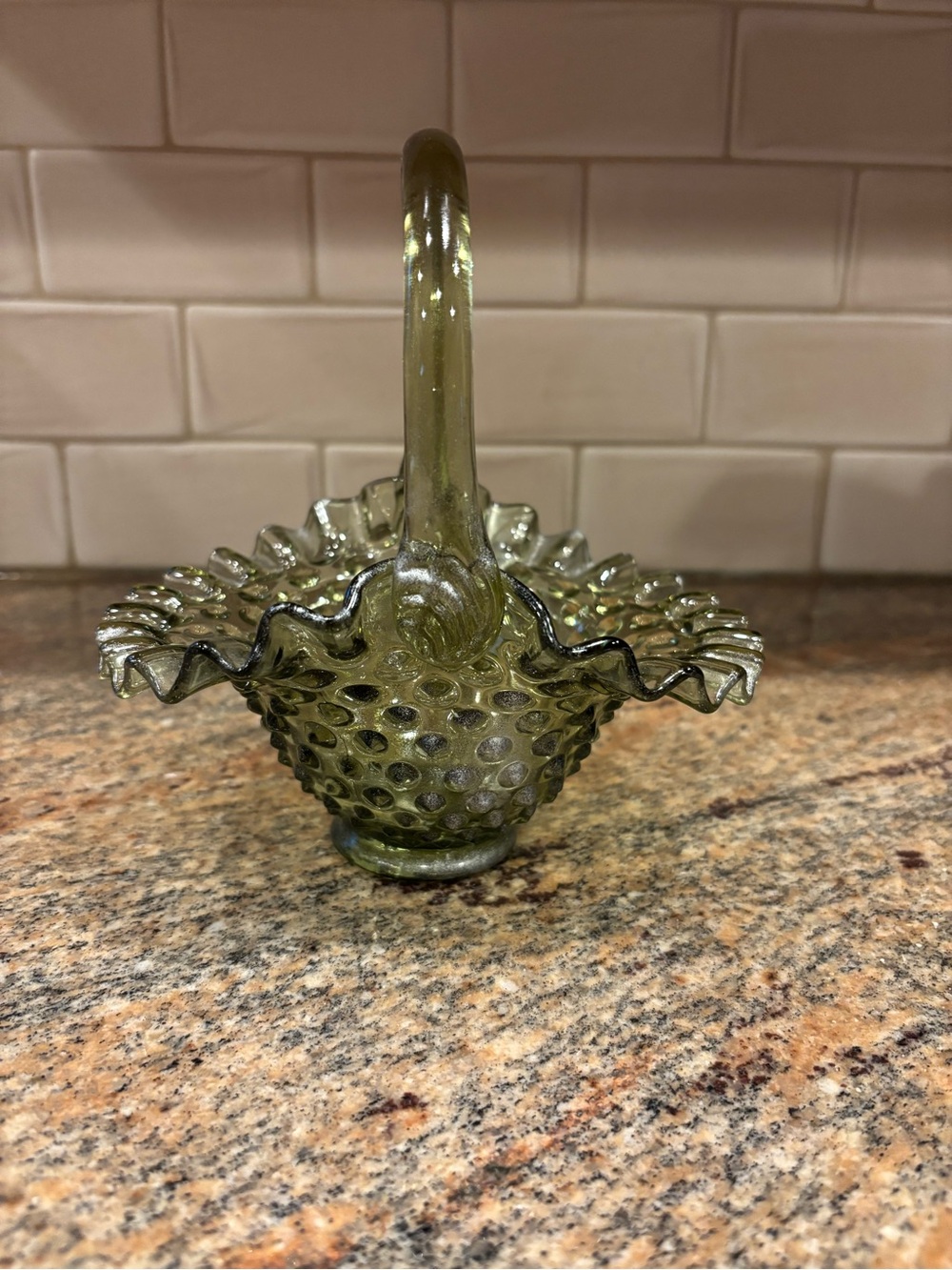 Fenton Green Hobnail Hand Blown Art Glass Decorative Basket with Handle